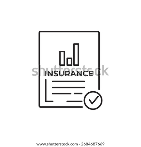 Line icon of an insurance document with a bar chart and checkmark, symbolizing verified coverage. Ideal for illustrating insurance plans, financial security, policy approval, and risk management.
