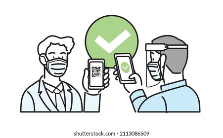 Line Icon Isolated Vector. Man Employee In Business Suit Wearing Surgical Mask, Holding Smartphone With Qr Code On Screen. Digital Sanitary Pass Check, Eu Green Pass, Health Pass, Vaccine Passport.