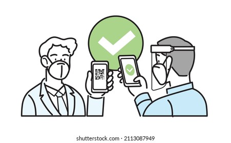Line icon isolated vector. Man employee in business suit wearing ffp2 kn95 mask, holding smartphone with qr code on screen. Digital sanitary pass check, eu green pass, health pass, vaccine passport.