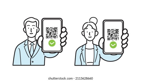 Line icon isolated vector. Man and woman employees wearing business suit, holding smartphone with qr code on screen. Digital sanitary pass check, eu green pass, health pass, vaccine passport.