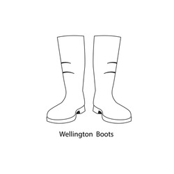 Line Icon Jackboot Wellington Boots Drawing Illustartion. Outline Icon Fishing Non-slip Waterproof Sketching Of High Rain Shoes Wading Worker's Shoes Vector Line Icon Isolated On Background