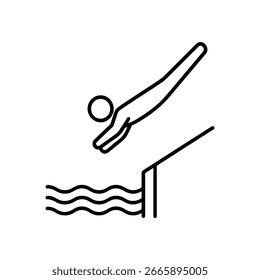 Icono de línea saltando desde la plataforma al Vector de agua sobre fondo blanco
Icono de línea de Vector sobre fondo blanco