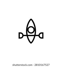 Line icon of a kayak with paddle, representing water sports and outdoor recreation. Isolated on white background, fully editable vector illustration.