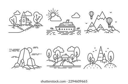 Line icon landscape, forest and mountain, village and sea. Vector of linear environment outdoor, landscape icon illustration