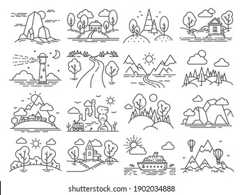 Line icon landscape. Outline cabin in forest, mountain, sea linear, air balloons in sky and lighthouse. Nature country tourism vector set. Illustration nature forest, natural mountain and lighthouse