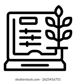 Line icon of a laptop displaying a smart farm control interface, symbolizing agricultural technology and innovation