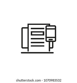 Line icon of laptop with text and mobile phone. Blogging, copywriting, email. Internet concept. For topics like application, networking, seo
