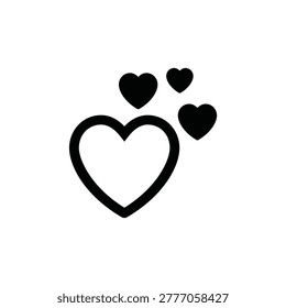 Line icon of a large heart outline with three small solid hearts floating above, symbolizing love, affection, romance, and joy.