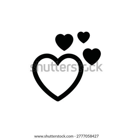 Line icon of a large heart outline with three small solid hearts floating above, symbolizing love, affection, romance, and joy.