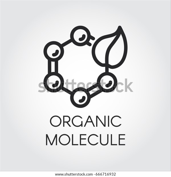 Line icon of leaf and molecular compound\
symbolizing organic technology. Simplicity black emblem of science,\
nature and chemistry theme. Vector\
logo