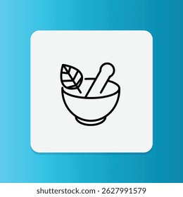 Line icon of a leaf in a mortar bowl symbolizing vegan-friendly and plant-based ingredients.