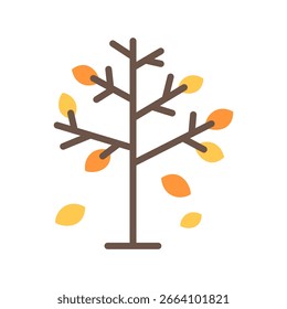Line icon of a leafless tree with leaves drifting down. Great for fall-themed illustrations, outdoor scenes, or minimal seasonal UI.
