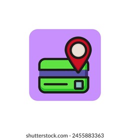 Line icon of letter with location pointer. Mail address, bank address, terminal pointer. Location concept. Post, finance, banking