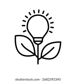 Ícone de linha de uma lâmpada com duas folhas, simbolizando energia ecologicamente correta, inovação verde e sustentabilidade. Ideal para energia renovável, ecologia e projetos ambientais.
