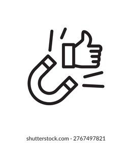 Line icon of a magnet attracting a thumb up representing high engagement and pull marketing strategy.