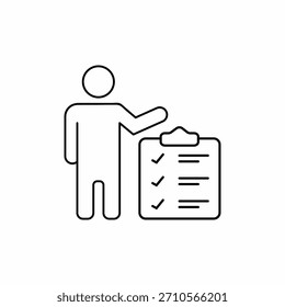 Liniensymbol eines Mannes, der auf eine Checkliste in der Zwischenablage zeigt und Aufgabenverwaltung, Planung, Produktivität, Inspektion, Audit und Workflow-Steuerung für die geschäftliche und geschäftliche Nutzung darstellt.