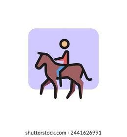 Line icon of man riding horse. Equestrian center, race track, horseracing. Sport and leisure concept. Can be used for web pictograms, design and application icons