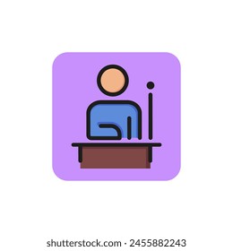 Line icon of man sitting at table. Consultant, helpdesk, reference data. Info concept. Can be used for topics like business, internet, service