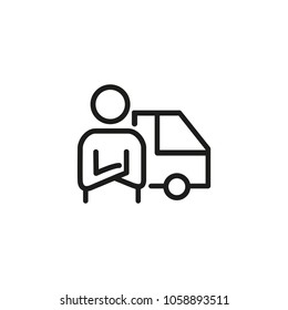 Line Icon Of Man With Truck. Carriage, Courier, Driver. Transportation Concept. Can Be Used For Topics Like Transport, Business, Service