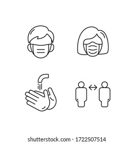 Line icon man and woman face with mask, wash your hands and keep your distance vector. illustration for medical banner, poster and web design. Protection Coronavirus bacteria covid-19 concept.