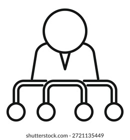 Ícone de linha de um gerente que lidera uma equipe de quatro pessoas, representando o trabalho em equipe e a liderança