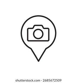 Line icon of a map pin with a camera shape inside