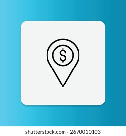Icono de línea de mapa pin con dólar, que representa el mercado objetivo, la ubicación de la inversión y la estrategia financiera.