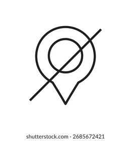 Icono de línea de un pin de mapa con una barra diagonal que indica la ubicación desactivada