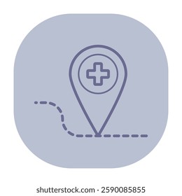 Line icon of marker with plus sign, representing location of medical services. Directions to healthcare facilities or practitioners, useful for navigation concept