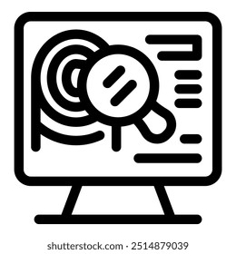 Line icon of a marketing specialist analyzing target audience using software on computer