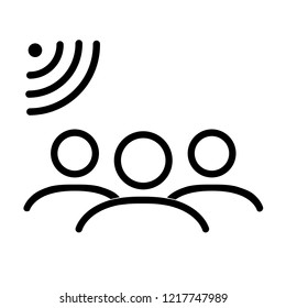 Line icon of mass signal and group of people. Broadcasting, mass communication, alarm or wi-fi signal. Vector Illustration