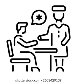 A line icon of a medical assistant checking a patient 