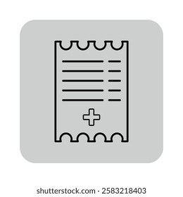 Line icon of medical prescription on grey background. Prescription with lines for text and medical cross, symbolizing healthcare