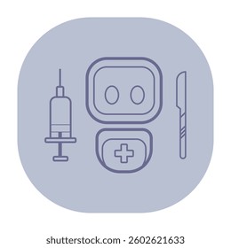 Line icon of medical tools, including syringe, robotic elements, and scalpel. Healthcare and medical procedures concept