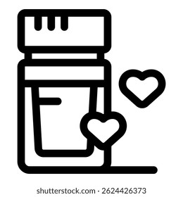 Line icon of a medicine bottle with hearts symbolizing drug love and addiction
