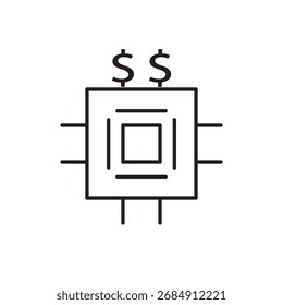 Line icon of a microchip with dollar signs, symbolizing tech profits. Ideal for illustrating digital wealth, technology investments, semiconductor earnings, and economic innovation.