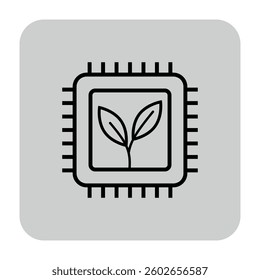 Line icon of microchip with leaf motif. Connection between technology and environment concept