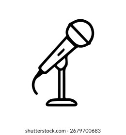 Micrófono del icono de la línea en un Vector del soporte en un icono blanco del Vector del fondo en un fondo blanco