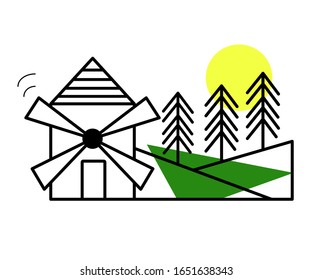Line icon. Mill and forest on a white background. Vector illustration in a modern flat linear style. 