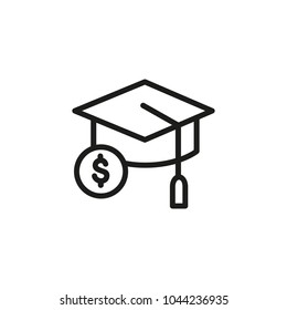 Line icon of mortarboard and dollar sign. Scholarship, sponsored education, investment in education. Graduation concept. Can be used for topics like education, business, finance