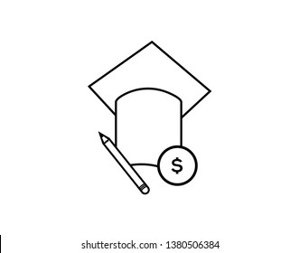 Line icon of mortarboard and dollar sign. Scholarship, sponsored education, investment in education. Graduation concept. Can be used for topics like education, business, finance - Vector 
