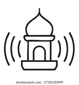 Line icon of a mosque with sound wave symbols representing azan or call to prayer, ideal for Islamic apps and religious graphics.