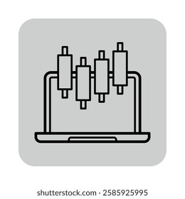 Line icon of multiple candlestick charts displayed on laptop screen. Financial data analysis concept