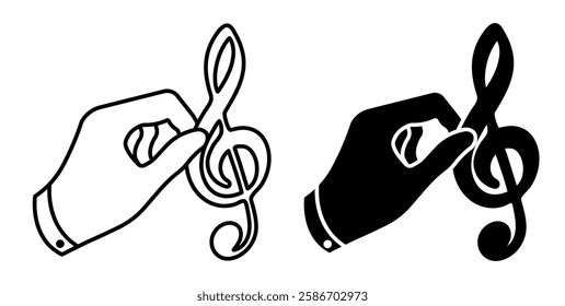 Line icon. Musician hand holding musical key symbol of inspiration. Songwriting and arrangements. Simple black and white vector isolated on white background