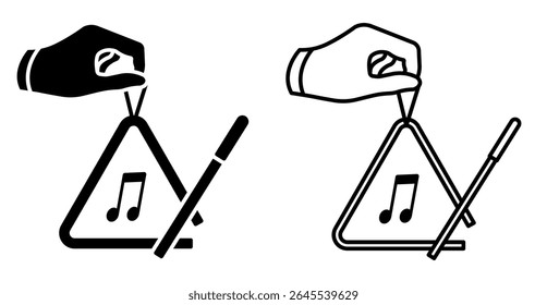 Line icon. Musician hand holds musical instrument triangle. Triangular musical instrument vibrating at different frequencies. Simple black and white vector isolated on white background