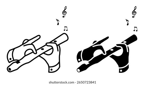 Line icon. Musician hand plays a melody on a musical wooden flute. Simple black and white vector isolated on white background