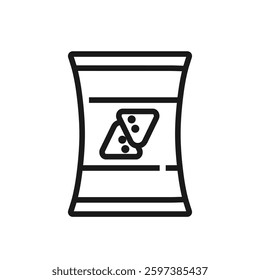 Line icon of a nacho chips bag. Vector illustration depicting a snack package with triangular chips inside. Great for food labels, snack branding, packaging design and mobile apps. Editable stroke