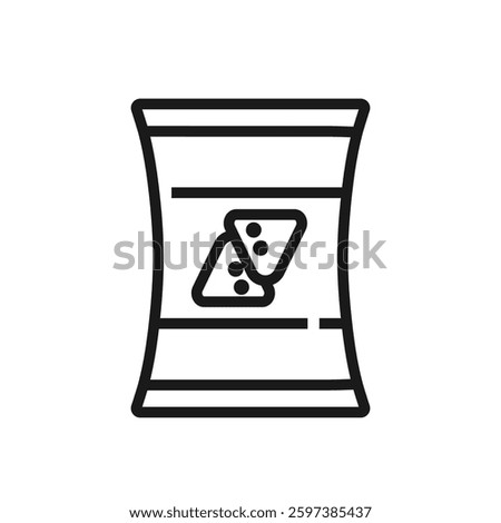 Line icon of a nacho chips bag. Vector illustration depicting a snack package with triangular chips inside. Great for food labels, snack branding, packaging design and mobile apps. Editable stroke