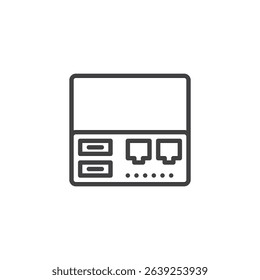 Line icon of a network switch showing ports and connections. Outline vector icon used in data communication and IT networks. Network icon with structured layout.
