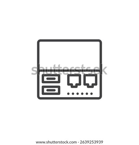 Line icon of a network switch showing ports and connections. Outline vector icon used in data communication and IT networks. Network icon with structured layout.